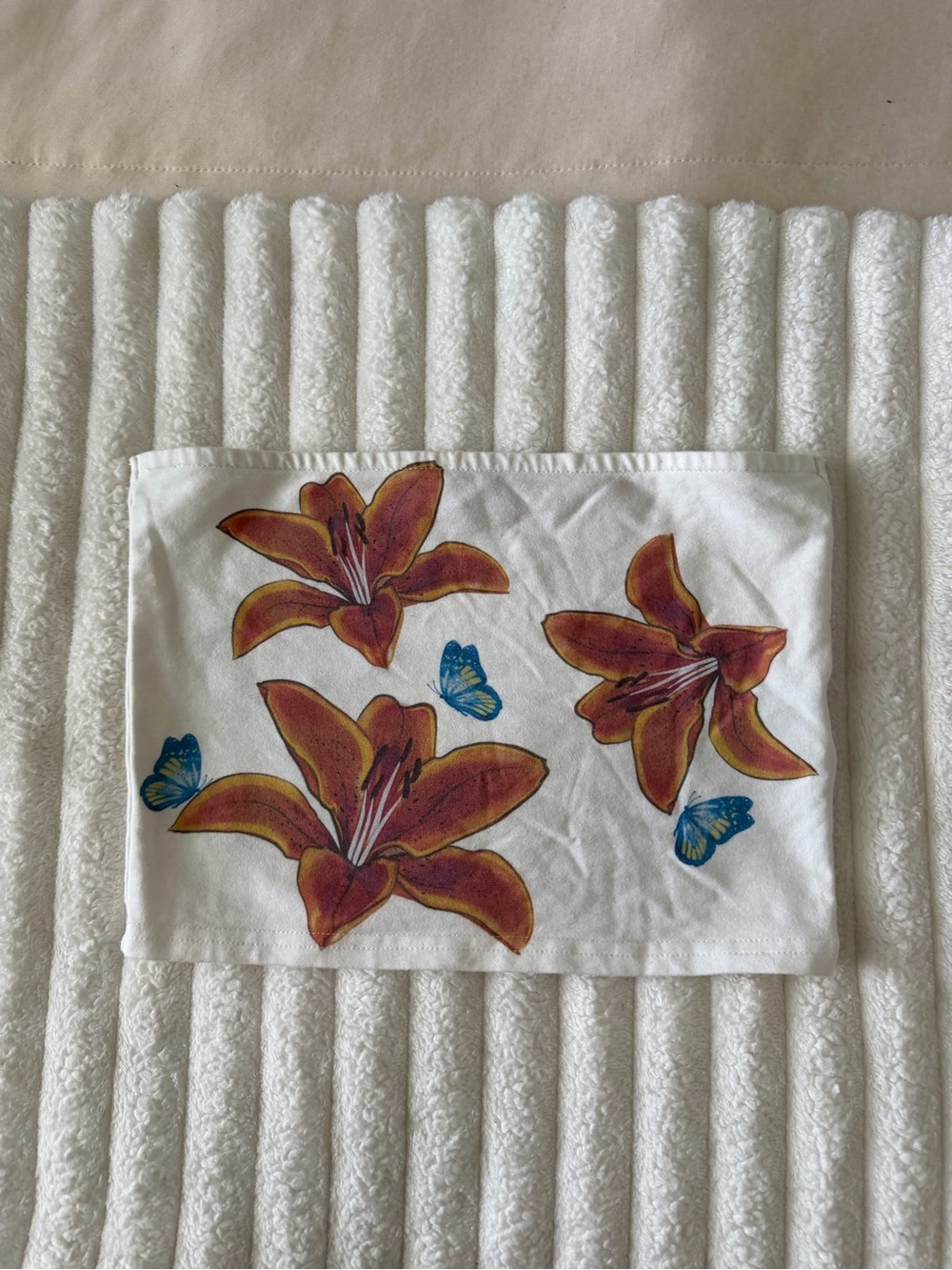 Edikted White Tube Top with Orange Lilies and Blue Butterflies